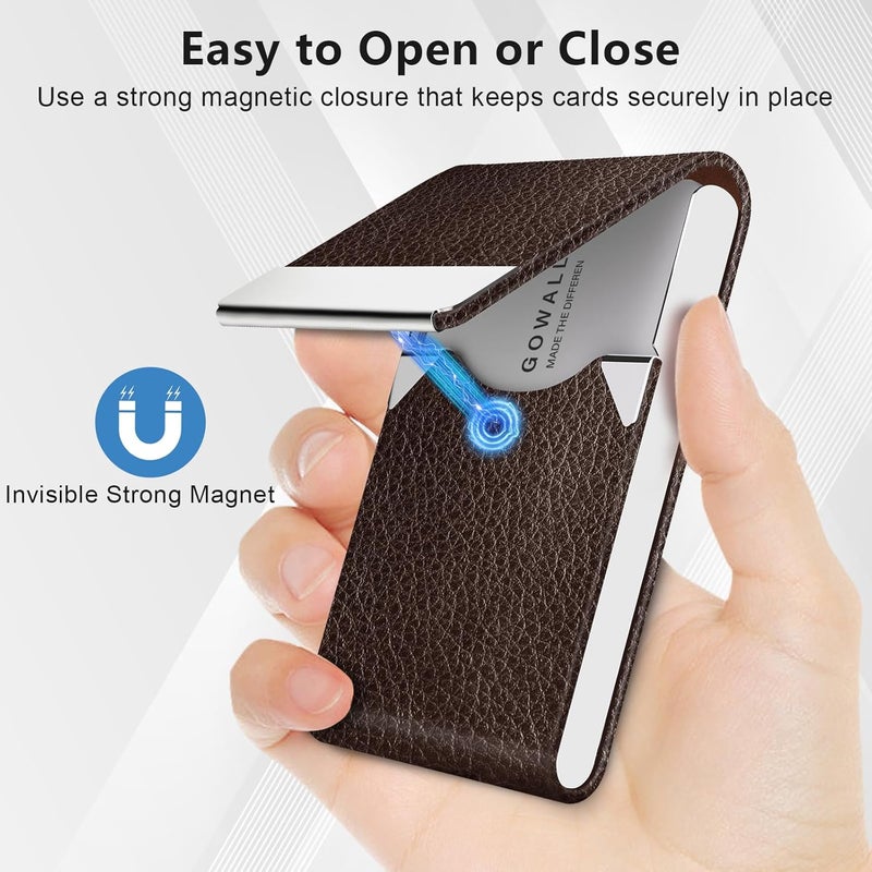 GOWALL Business Card Holder with Magnetic Closure, Slim Metal PU Business Card Case for Men Women, 3.7 x 2.3 inches RFID Blocking Credit Cards Holder for Pocket or Bag Storage, Coffee - Image 2